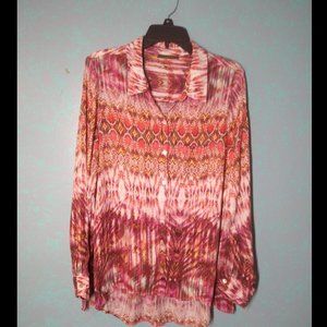 Casual Long Sleeve Button Down Blouse Bright Fall Color Aztec Deign 100% Viscose